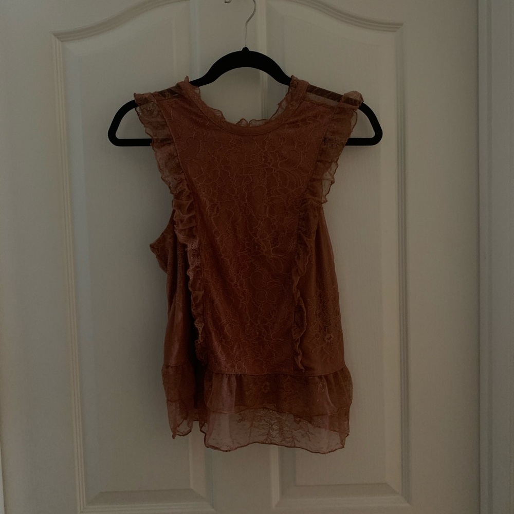 Lace and ruffle mock neck tank top